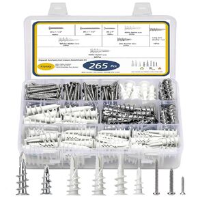 Krysay 265Pcs Drywall Anchors and Screws Kit,Self Drilling Zinc Metal & Nylon Plastic Wall Anchors with #8 Stainless Screws Heavy Duty (Hold Up to 75LBs)
