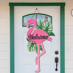 Menkxi 27.5 Inch Tall Flamingo Welcome Door Sign Large Summer Flamingo Decorations Hawaiian Themed Wall Art Hanging Wood Flamingo Door Decor Summer Sign for Farmhouse Home Wall Holiday Decoration