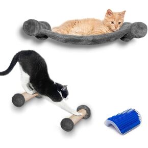 Cat Hammock by Blue Akilades - Wall Mounted Soft Hammock Perch with Two Steps Suitable for Large Cats - Complete with Self Grooming Cat Brush
