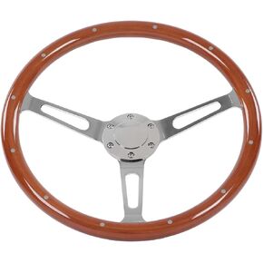 Classic Steering Wheel, 380mm/15in Universal Wood Grain Steering Wheel, Assembly Walnut Grip with 3 Spoke Riveted 6 Hole Universal Car Modification Vintage Car Retro Solid Wood Rivet Steering(Black)