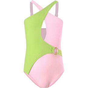 OYOANGLE Girl's One Piece Colorblock Swimsuits Criss Cross Cutout Ring Linked Swimwear Bathing Suits