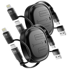 MINLU Multi Charging Cable, 2Pack 5 in 1 Retractable Lightning Charger Cable 60W Fast Charging & Data Sync Retractable Charging Cord with IP/Type C/USB A Ports for iPads/Samsung/IP/PS/Tablets/More