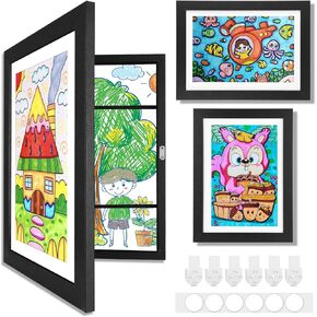 Kids Art Frame, 9.8x13.4inch Kids Art Frames Front Opening Holds 50 Pcs, Artwork Changeable Display Storage Frame Hanging for Wall, Crafts, Children Drawing Schoolwork Projects (Black)