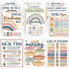 Jacyan 15Pcs School Nurse Bulletin Board Decorations Boho Health Posters for School Office Supplies Health Posters Bulletin Board Decor for Classroom School Office Kids Art Print 11 x 14 Inches Blue
