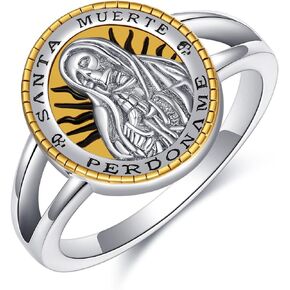 YAFEINI Santa Muerte Rings 925 Sterling Silver Santa Muerte Rosary Jewelry Gothic Rings