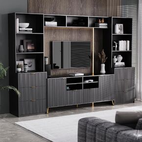 Merax 4-Piece Entertainment Wall Unit with 13 Shelves, 8 Drawers, and 2 Cabinets, Multifunctional TV Stand Media Storage Cabinet with Fluted Line Surface for Living Room, White