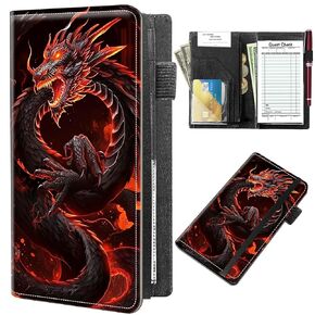 Server Books for Waitress 5 X 9 Inch,BFDHGQZC PU Leather Waiter Books with Zipper and Check Book Holder Money Pocket Personal Organizer Wallet Fit Server Aprons,Red Dragon