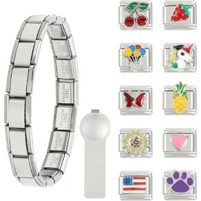 12pcs Italian Charm Bracelet Sets 9mm Italian Charms with Starter Brascelet Assorted Charms And Opening Tools Removable Module Charm Links Handmade DIY Charms for Women Men