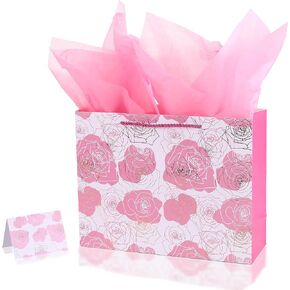 jabberwpacking 12.6" Pink Rose Gift Bag with Tissue Paper and Card for Women Birthday, Wedding, Mothers Day, Anniversary