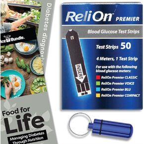 ReliOn Reli On Premier Blood Glucose Test Strips 50 Ct Choice Bundle | + "Food for Life" Guide & Portable Pill Container (3 Items)!