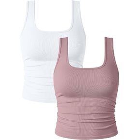 OQQ Womens 2 Piece Shirts Ruched Sleeveless Square Neck Seamless Stretch Fit Basic Tee Tops