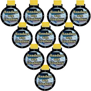 10 Pack of Large 2.25 Inch Readers are Leaders Award Medals with Attached Neck Ribbons Medal Trophies Gift Prize Team Black Gold Star UV 1st First Place Trophy