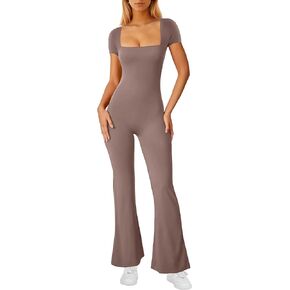 One Piece Flare Jumpsuits for Women Square Neck Pants Wide Leg Full Length Romper Stretchy