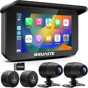 WEUASTE Portable Motorcycle DVR, Motorcycle TPMS, Wireless Apple Carplay & Android Auto GPS Navigation for Motorcycle, Upgrade Motorcycle Carplay GPS Navigation, 5 Inch IPS Waterproof Touchscreen