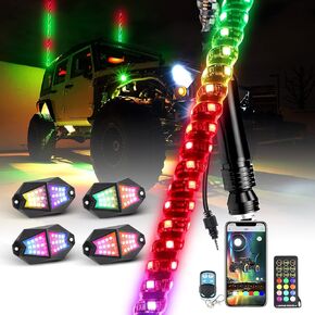 Yiswhis 2PCS 3FT LED Whip Lights و 8 Pods 210 درجة أضواء الصخور واسعة الزاوية مع التطبيق وجهاز التحكم عن بعد، وضع الموسيقى، وامض الشاحنات المتوافقة ATV UTV الطرق الوعرة SUV