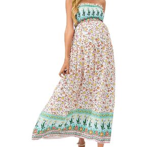 FUNJULY Maternity Sleeveless Smocked Dress Summer Casual Strapless Boho Flowy Tube Top Maxi Dress Photoshoot Baby Shower