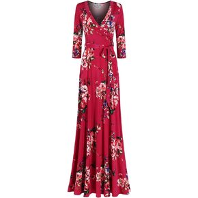 Bon Rosy Women's Super Stretchy Maxi Party Dress Spring Floral Print Faux Wrap 3/4 Sleeve V-Neck