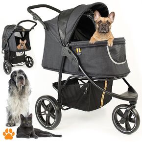 My Duque: Pet 3-Wheel Stroller - for Dog, Cat & Pets Up to 70 lbs, Front 360-Degree Swivel Wheel, Easy Folding, Includes Inner Organized Pockets, Easy Cleaning Removable Mat & Large Shopping Basket