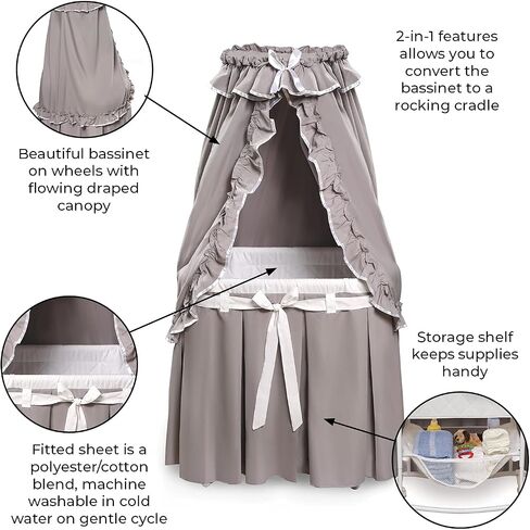 Badger Basket Majesty Canopy Bassinet, Rocking Baby Cradle Bed with Mattress, Bedding, and Storage, Oval White/Pink in Saudi Arabia
