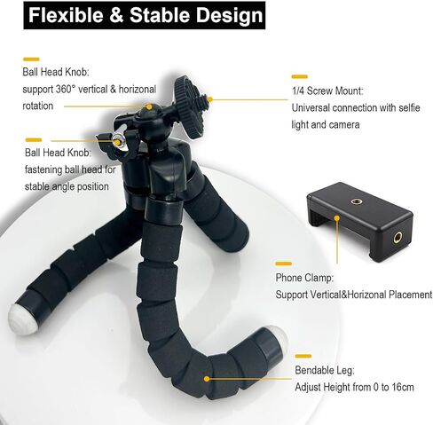 XIOQRA O Flexible Mini Phone Tripod Stand with Remote Control, Phone Clamp and Universal 1/4 Screw Mount - Easy Setup, Portable & Stable for Outdoor Shooting Lighting - 360° Rotatable Ball Head in Saudi Arabia