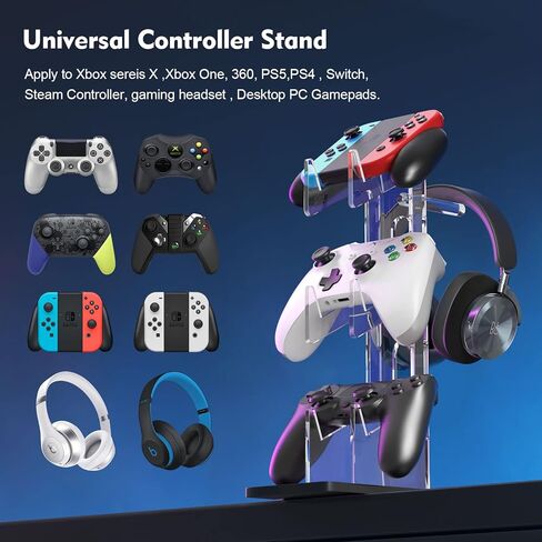 حامل وحدة تحكم عالمي مزدوج حامل سماعة الرأس: حامل وحدة التحكم في الألعاب 3 طبقات، حامل سماعة رأس من الأكريليك، منظم تخزين لسلسلة Xbox PS5 PS4 in Kuwait