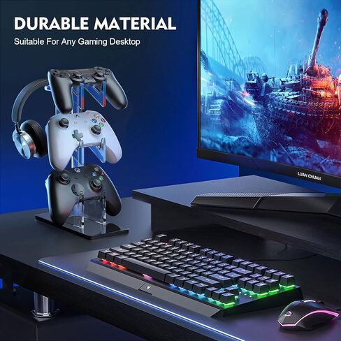 حامل وحدة تحكم عالمي مزدوج حامل سماعة الرأس: حامل وحدة التحكم في الألعاب 3 طبقات، حامل سماعة رأس من الأكريليك، منظم تخزين لسلسلة Xbox PS5 PS4 in Kuwait