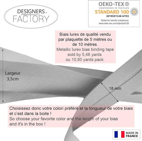 شريط انحياز فضي معدني من Designers-Factory - متوفر باللون الذهبي أو الفضي وطولين - رابط انحياز Lurex للخياطة (بمقدار 5.46 ياردة، فضي) in Kuwait