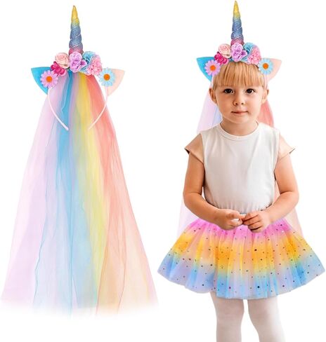 BBGifts Baby Girls Layered Tutu Skirt Pink Rainbow Sparkling Sequin Tulle Skirt for Little Girls Dress Up with Pink Unicorn Tutu Headband, for 2-6 Year in Saudi Arabia
