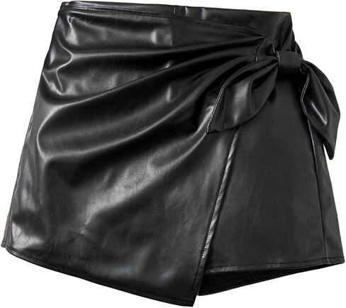 OYOANGLE Girl's Pu Leather Knot Side Wrap Ruched Elastic Waist Solid Casual Skorts in Saudi Arabia