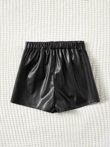 OYOANGLE Girl's Pu Leather Knot Side Wrap Ruched Elastic Waist Solid Casual Skorts in Saudi Arabia