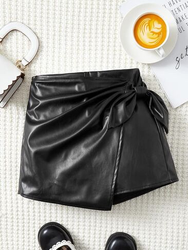 OYOANGLE Girl's Pu Leather Knot Side Wrap Ruched Elastic Waist Solid Casual Skorts in Saudi Arabia