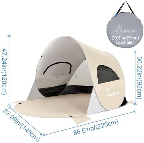 Wolfwise Pop up Beach Tent Sun Shelter with UPF50+ UV Protection, Instant Easy Setup Popup Beach Shade Canopy for 3 Person, Portable & Foldable with Carring Bag, 87 ×57×47 in, Blue in Kuwait