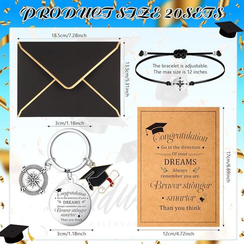 Remuuly 20 Sets 2024 Graduation Gifts Set Include Graduation Adjustable Compass Bracelet Keychain Envelopes with Inspirational Cards Graduation College High School Gifts for Classmates in Saudi Arabia