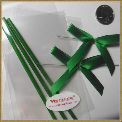 Cake pop sticks clear bags colorful ribbon bows (green) in Saudi Arabia