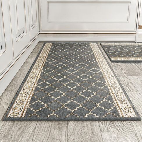 Kitchen Rugs Set Jacquard Kitchen Anti-slip Mats and Antifatigue Easy to Clean and Absorb Water Non-dirty for Kitchen Floor, Office, Laundry 2Pcs, 19.7"X 31.5"+19.7"X 47.3"（Coffee） in Saudi Arabia