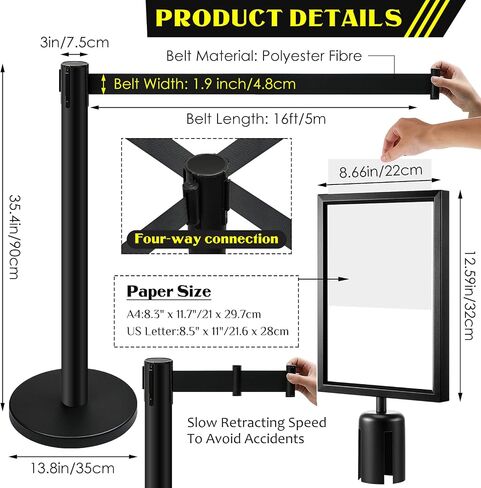 Stanchions with Retractable Belts Crowd Control Barriers Ropes and Poles with Stanchion Post Top Sign Frame Holder Line Dividers for Crowd Control Rope Safety Barriers, Black (3 Pcs, 16 ft) in Saudi Arabia