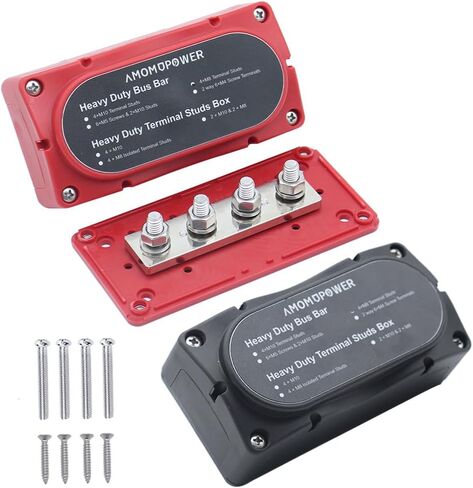 2Pcs 300A Busbar 12-48V DC Heavy Duty Copper Power Distribution Block 4 X M8 (5/16") Terminals Studs 8 Srews with Waterproof Cover Battery Bus Bar for Automotive RV Marine Truck(Black&Red) in Saudi Arabia