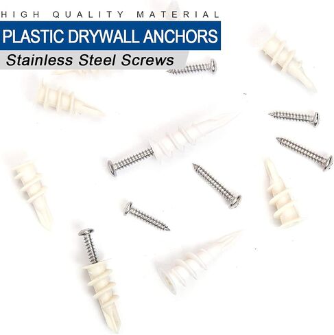JUIDINTO Drywall Anchors with Screws Assortment Kit, Plastic Wall Anchor and Stainless Steel Screw, 2 Sizes Self Drilling Drywall Anchor with Philips Flat Head Tapping Screw Set for Decorative Hanging in Saudi Arabia