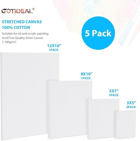 لوحة قماشية ممتدة من GOTIDEAL للرسم، عبوات متعددة 3 × 5، 5 × 7، 8 × 10، 12 × 16 مجموعة من 5 قطع، قماش طلاء أبيض فارغ - لوحات فنية قطنية 100% للرسم، وسائط فنية لصب الزيت من الأكريليك in Saudi Arabia