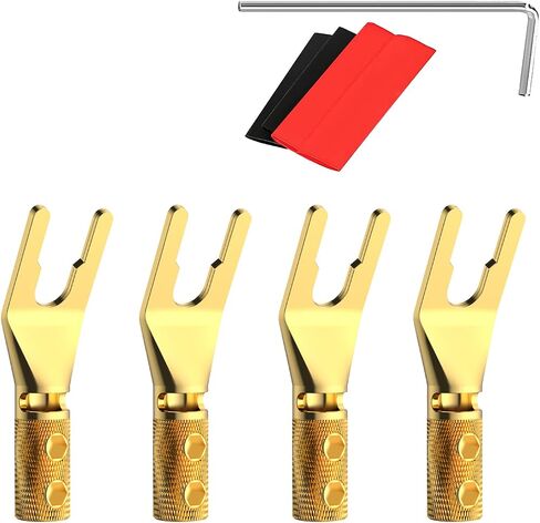 HiFi Speaker Y Spade Connectors, Dual Screw Locking Speaker Cable Plug, Fork Spade Connectors with Allen Wrench for Speaker Wire DIY 4PCS (Gold Plated with Heat Shrink Tube) in Saudi Arabia
