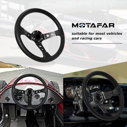 MOTAFAR Universal Racing Steering Wheel, Gaming Steering Wheel 13.6" 6 Bolts Grip Vinyl Leather Deep Dish with Horn Button for Race/Rally/Motorsport/Car Sim Driving(Black) in Saudi Arabia