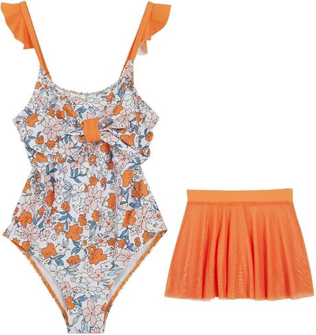 Haloumoning Girls One Piece Swimsuits Kids Bathing Suits Ruffle Bow Floral Beach Swimwear with Skirt 5-14 Years in Saudi Arabia