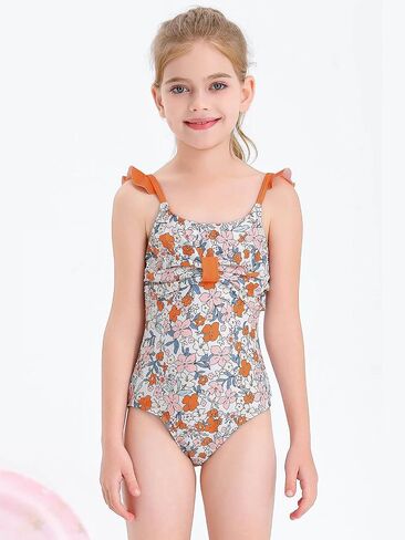 Haloumoning Girls One Piece Swimsuits Kids Bathing Suits Ruffle Bow Floral Beach Swimwear with Skirt 5-14 Years in Saudi Arabia
