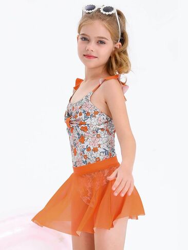 Haloumoning Girls One Piece Swimsuits Kids Bathing Suits Ruffle Bow Floral Beach Swimwear with Skirt 5-14 Years in Saudi Arabia