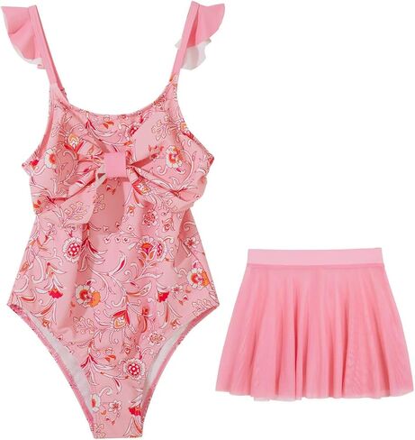 Haloumoning Girls One Piece Swimsuits Kids Bathing Suits Ruffle Bow Floral Beach Swimwear with Skirt 5-14 Years in Saudi Arabia