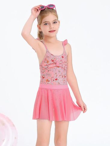 Haloumoning Girls One Piece Swimsuits Kids Bathing Suits Ruffle Bow Floral Beach Swimwear with Skirt 5-14 Years in Saudi Arabia