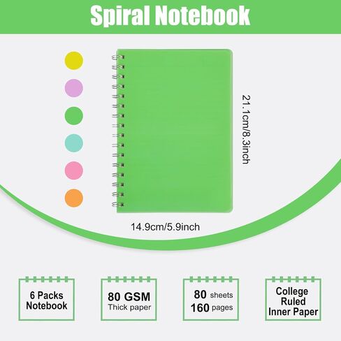 EOOUT 6 Pack Spiral Notebooks 8.5 x 11 Inches, 80 Sheets A4 College Ruled Notebook with Plastic Waterproof Cover, Bright Colors for School Office Business and Professional Use in Saudi Arabia