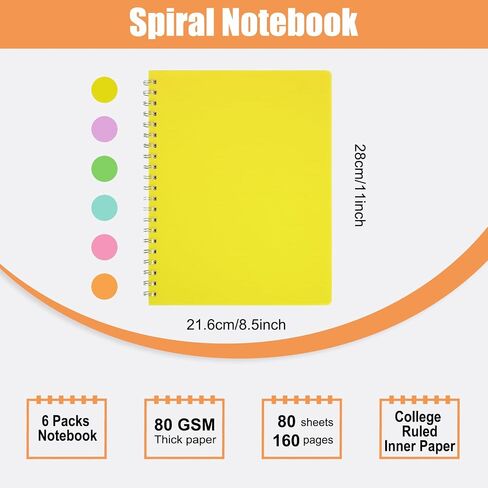 EOOUT 6 Pack Spiral Notebooks 8.5 x 11 Inches, 80 Sheets A4 College Ruled Notebook with Plastic Waterproof Cover, Bright Colors for School Office Business and Professional Use in Saudi Arabia