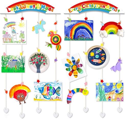 عرض فني للأطفال من Garybank بدون حفر لاصق للجدار، عرض عمل فني للأطفال لحرف رسومات الأطفال، انظر إلى ما صنعته من الخشب مع 32 مشبكًا لديكور غرفة نوم الفتيات (عبوتان) in Kuwait