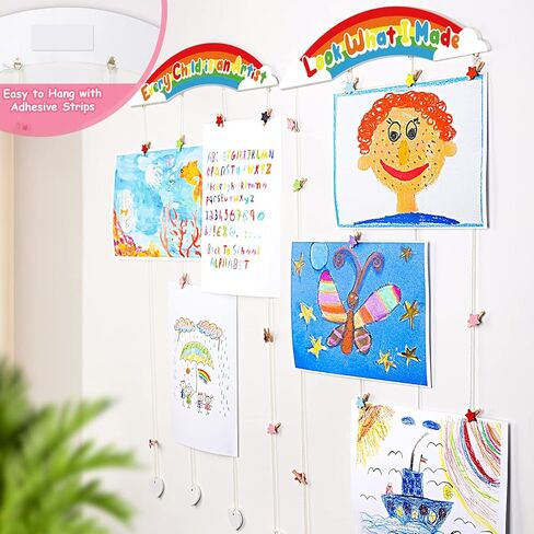 عرض فني للأطفال من Garybank بدون حفر لاصق للجدار، عرض عمل فني للأطفال لحرف رسومات الأطفال، انظر إلى ما صنعته من الخشب مع 32 مشبكًا لديكور غرفة نوم الفتيات (عبوتان) in Kuwait